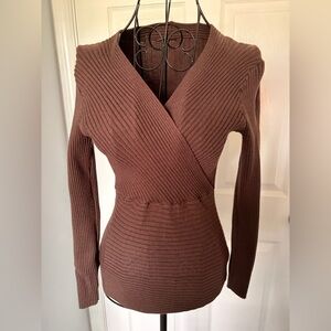 Brown Ribbed Wrap V-Neck Sweater - Women